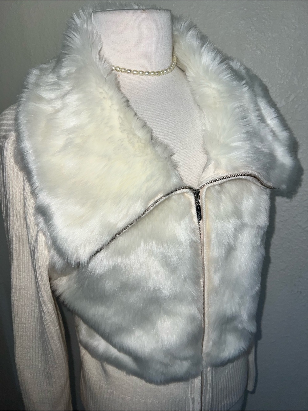White House Black Market Cream Faux-Fur Zip Jacket